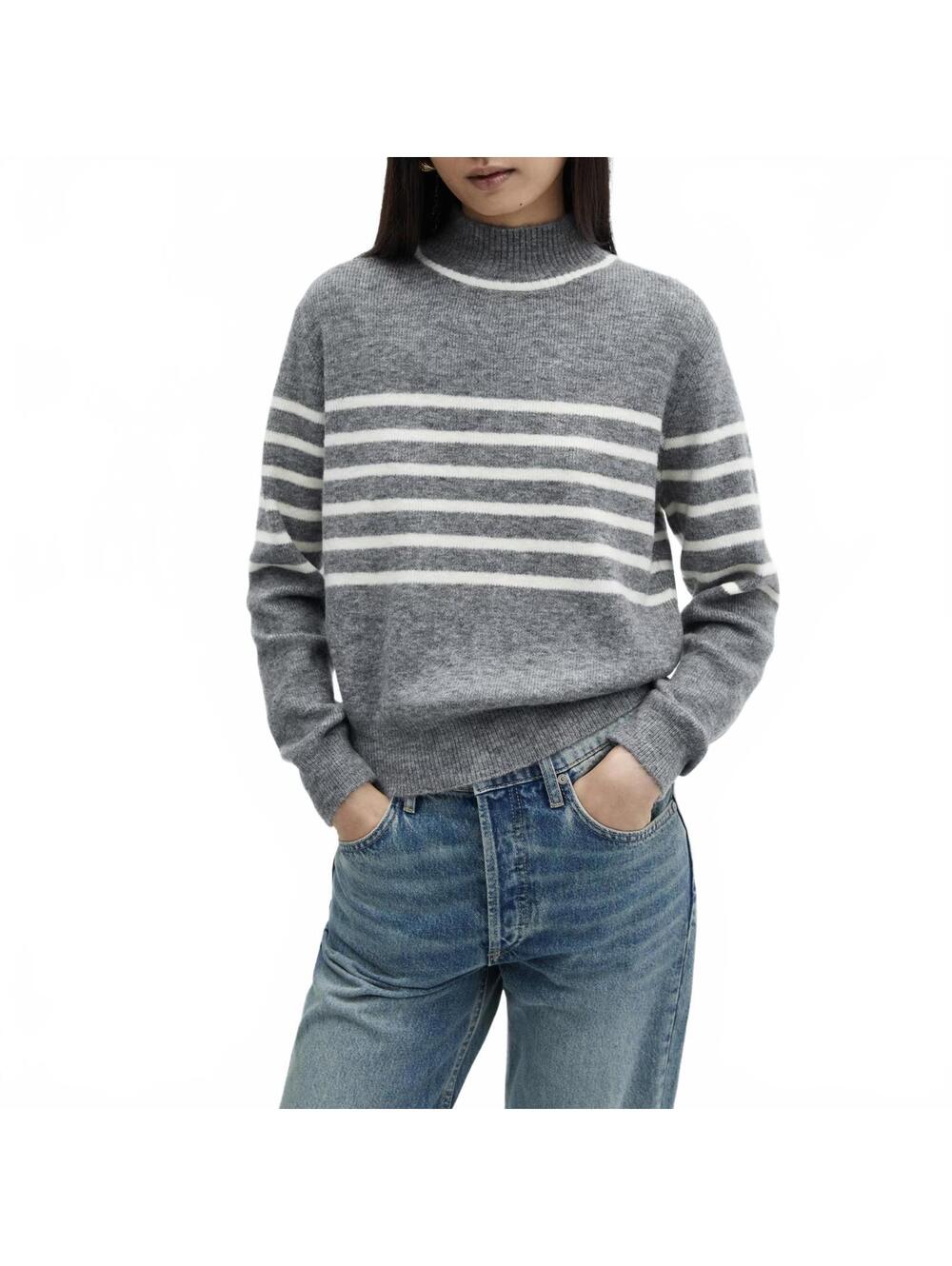 Mango Wool Blend Stripe-Print Sweater with Perkins Neck Mumu Light Heather Grey